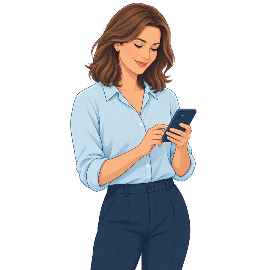 An illustrated adult daughter reviewing her family dashboard