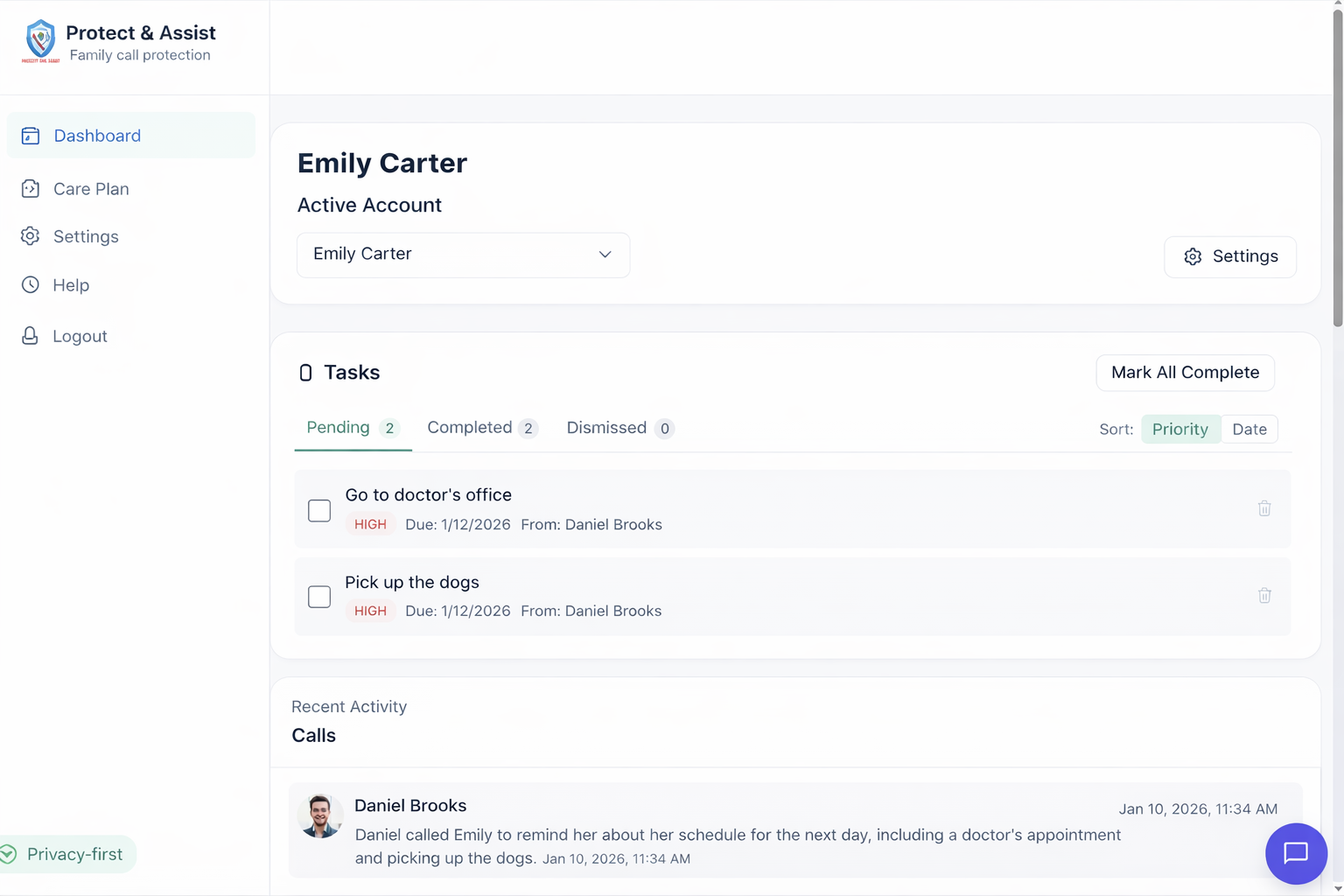 Protect & Assist Family Dashboard