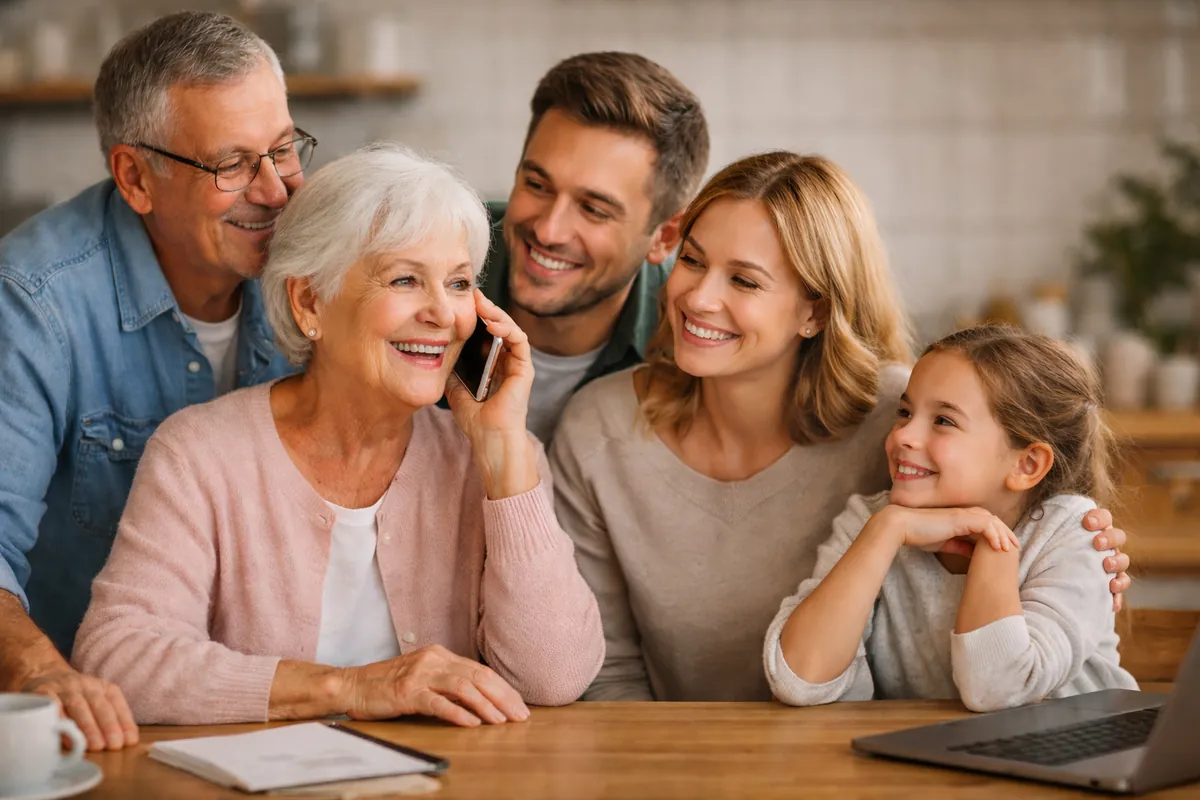 An older woman talking on her phone, with her family beside her