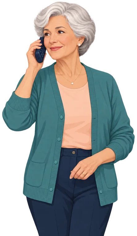 Pat, an older woman, listening on her cordless phone